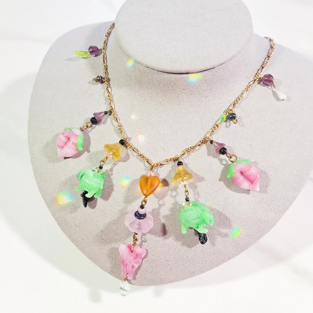 Vintage Pididdly Links Necklace, Colorful Glass Charms in Shapes