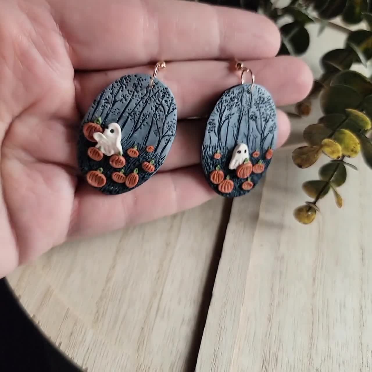 Enchanted Pumpkin Forest Ghost Earrings| Witchy Dark Cottagecore Halloween Dangle Pumpkin Earrings| Spooky Gothic Nature Boho Fall Gifts video poster