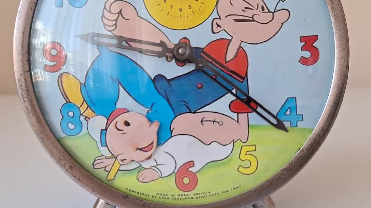 Vintage 1950s Smiths Popeye Wind-up Alarm Clock, Animated Table
