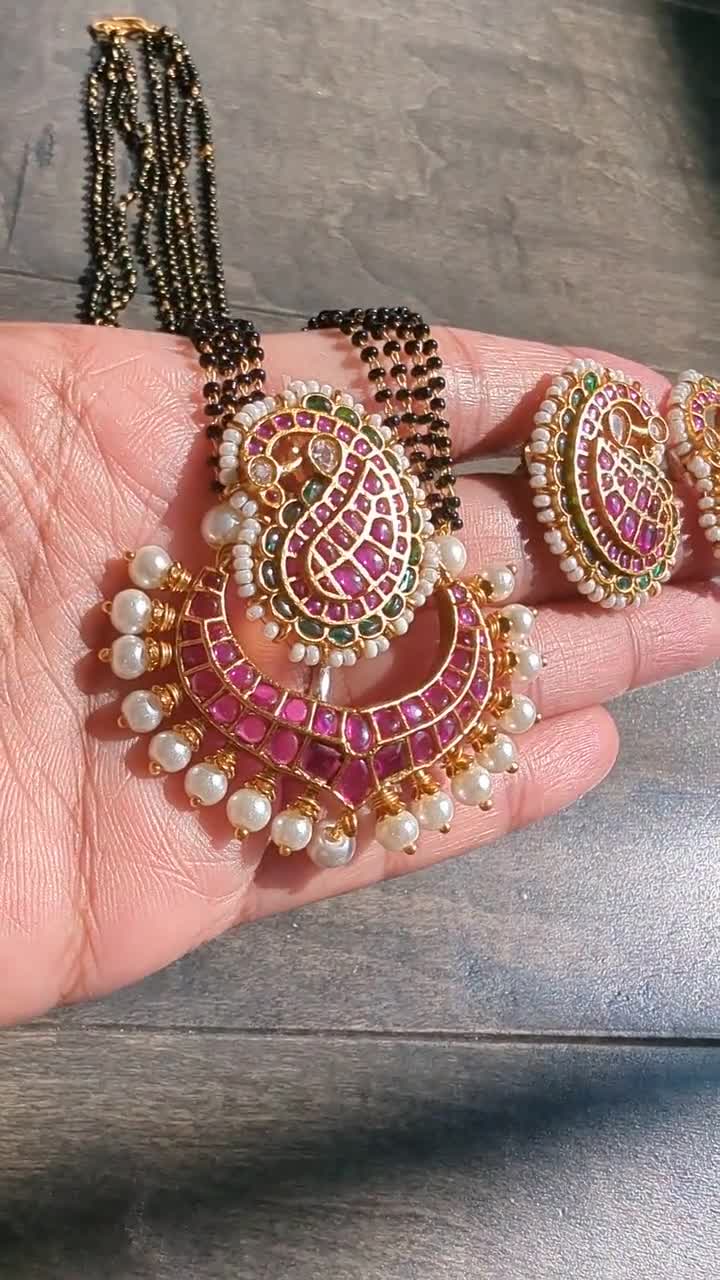 Traditioal Black Bead Set with Earrings/ Magalsutra Set store with Ruby Peacock Pendant/ Indian Wedding Magalsutra/ Ruby Black Bead Chain/Kempu