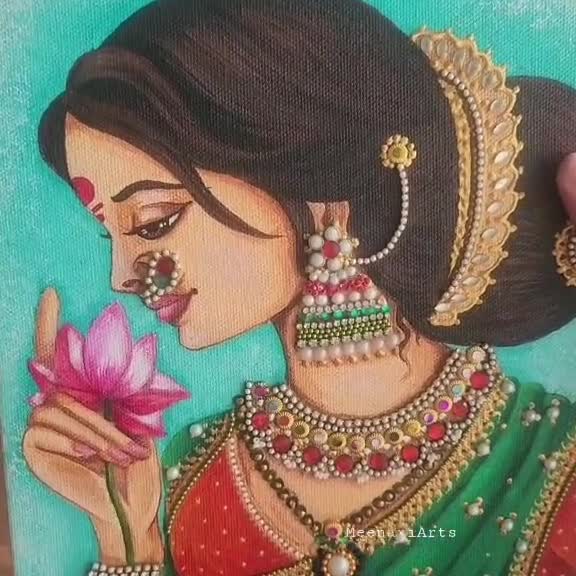 手描きの素晴らしいインドのプリミティブ絵画です　大変古いものです 蓮を持つマラーティー語の女性絵画：伝統的なインドの女性アクリル