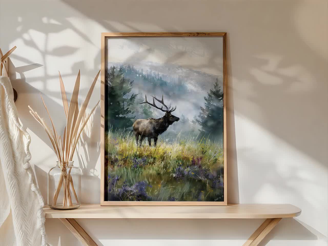 オリンピック国立公園 ルーズベルト エルク 水彩画 プリント 額入り