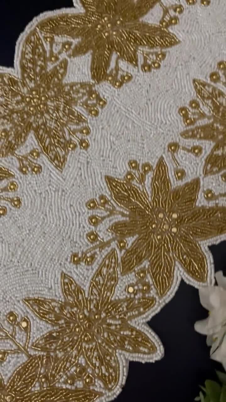 Christmas Beaded Table Runner Gold White Pearl Centerpiece Table Décor  35x15 In