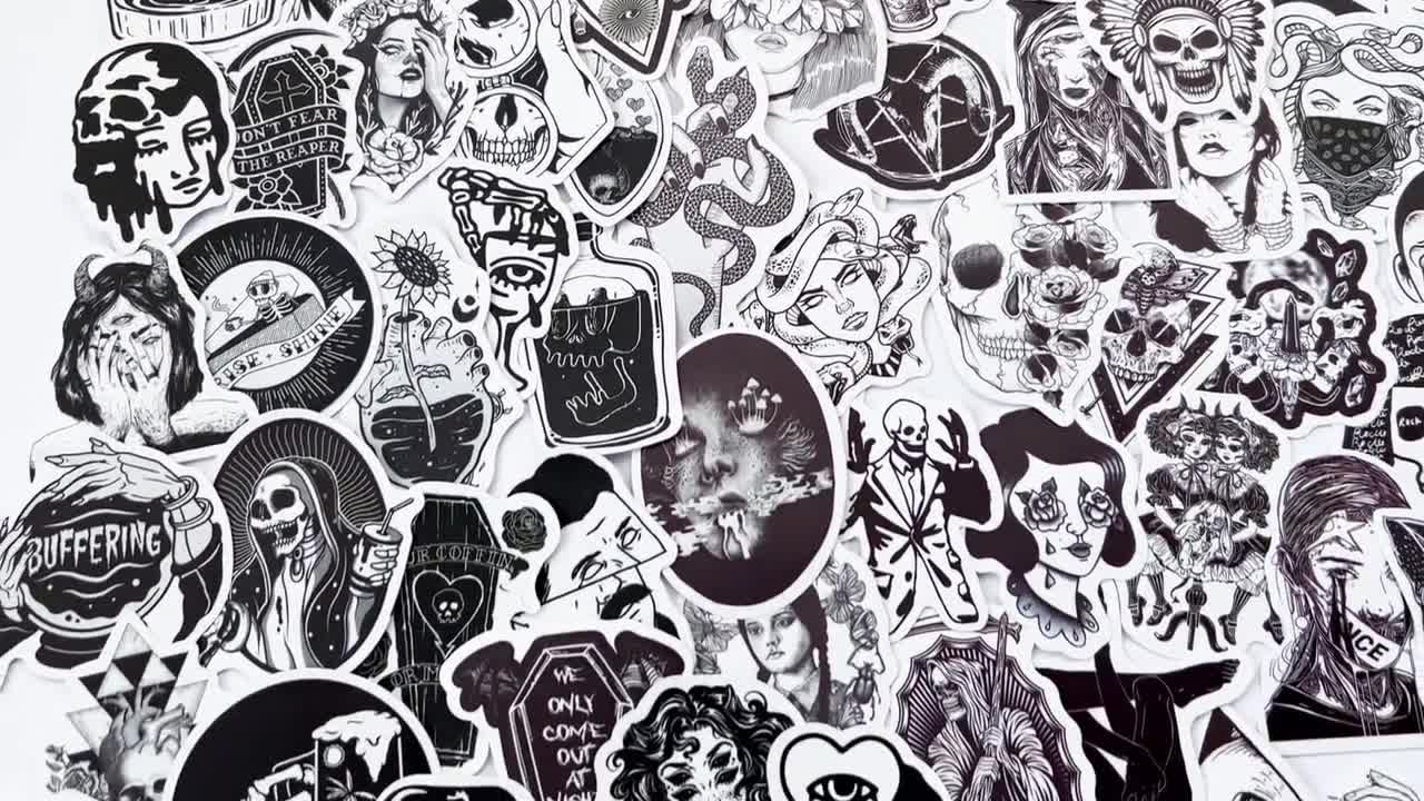 50 Cool Black and White Goth Laptop Stickers Dark Skull Tattoo Decals 