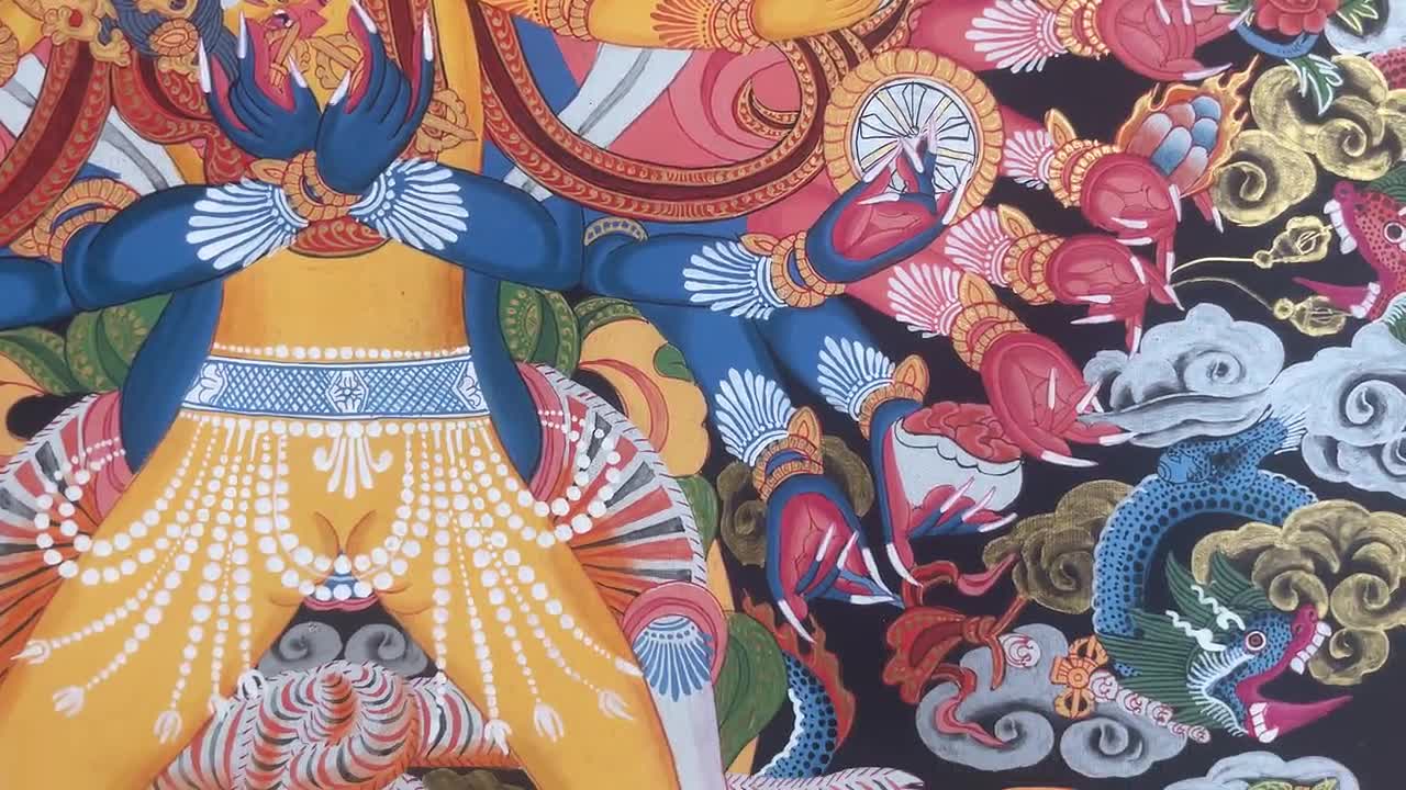 ヴィンテージオリジナル手描きカーラチャクラ神タンカ絵画