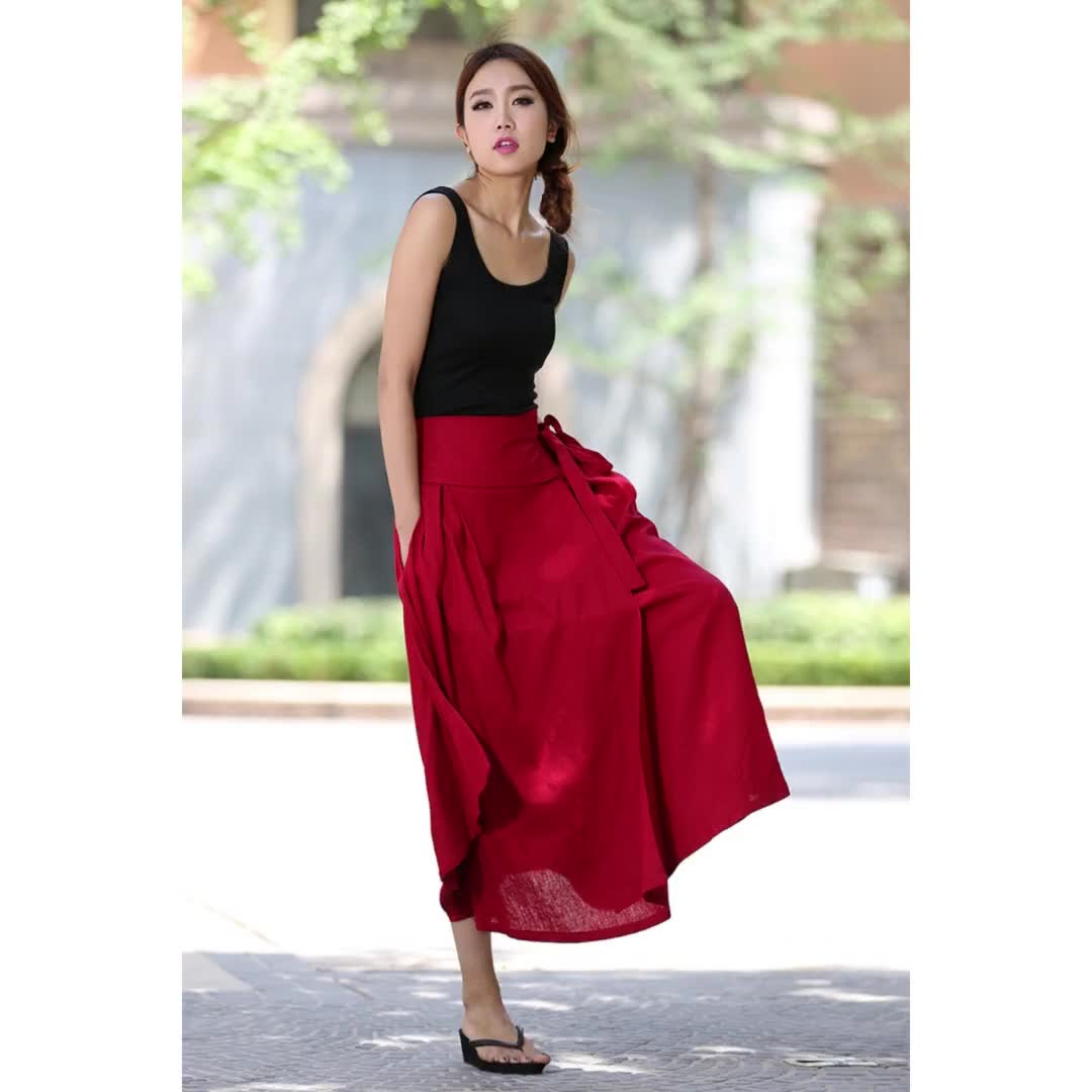 Linen Cotton Boho Chic Layered Tassels High Waist Pom Poms Mini Skirts, L / Red