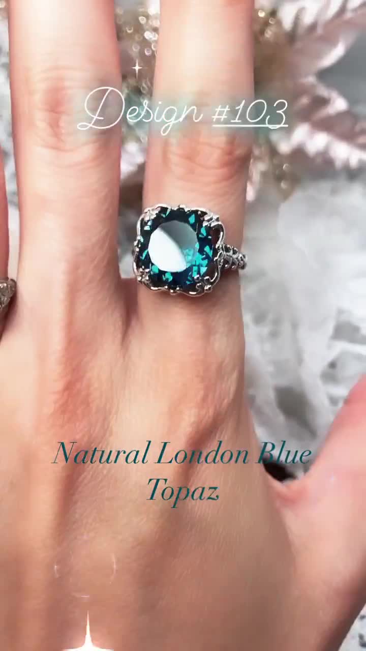 London Blue Topaz Ring/ Solid Sterling Silver/ 7ct Round Cut Simulated  London Blue Topaz, Silver Floral Holly Filigree[Custom Made]Design#80
