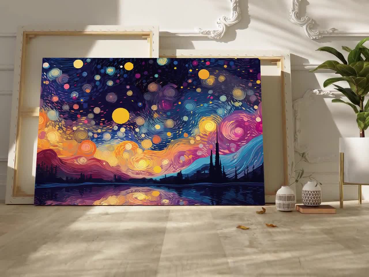 Starry Night Sky Canvas Wall Art Print, Colorful Living Room Decor