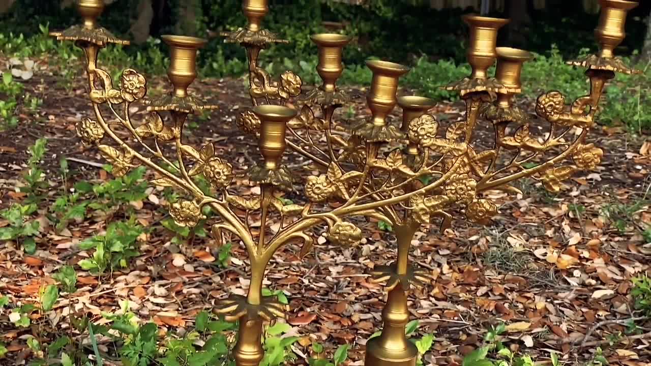 Set of Vintage Ornate Brass Floral 5 Arm Candelabras / Gothic / Candlestick  Holder / Candelabrum / Hollywood Regency / Candles / Boudoir