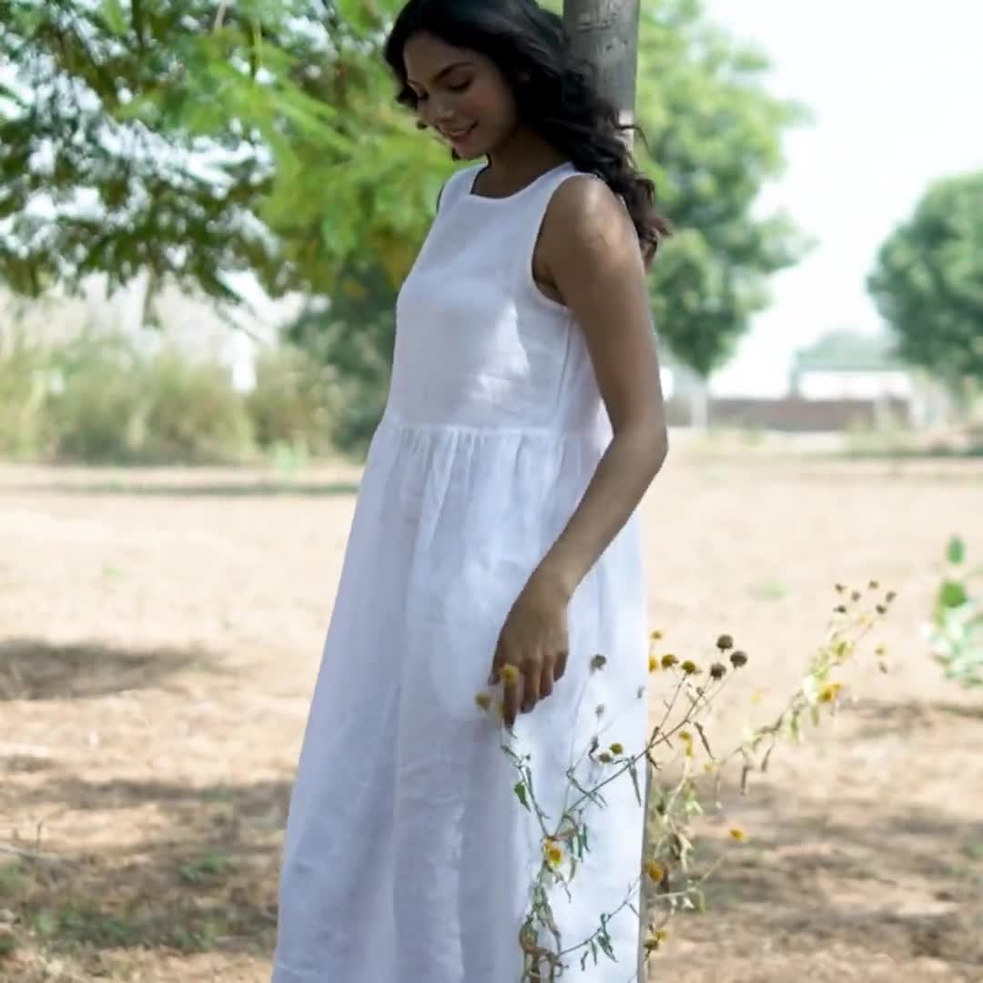 Linen summer dress / Woman's white dress / A-line black and white linen tunic / White tent sleeveless selling beach dress / Fasada 17079-2