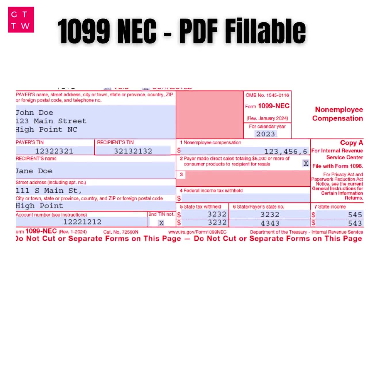 1099 nec editable pdf fillable template 2025 | with print and clear buttons| courier font