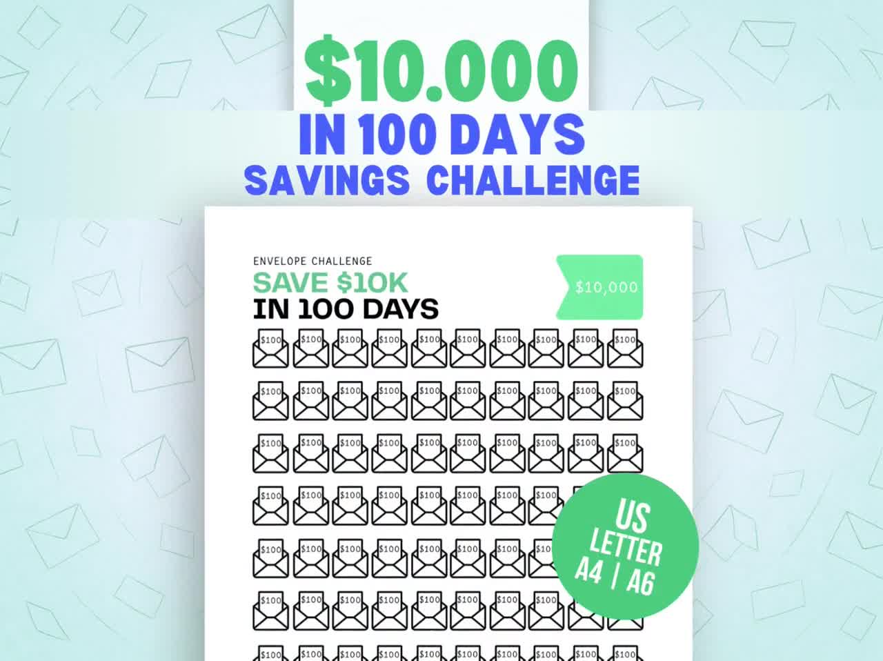 10,000ドル貯金チャレンジ（100日間）印刷可能 – 10,000封筒チャレンジ | 100日間で10,000ドル貯金 | 100封筒貯金  PDF、A4 | USレター | A6 - Etsy 日本