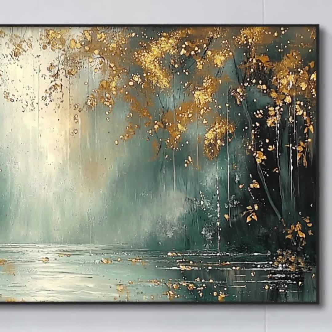 キャンバスに描かれた抽象風景画、オリジナルの金箔画、黄金の森の絵画