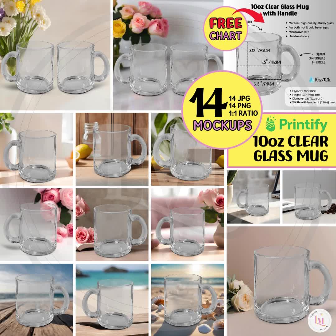 10oz CLEAR GLASS MUG Mockup Bundle Printify Clear Glass Mug w Handle  Mockup, Summer Seashell Beach Mockup,Office Mug Mock,His Hers Glass Mug