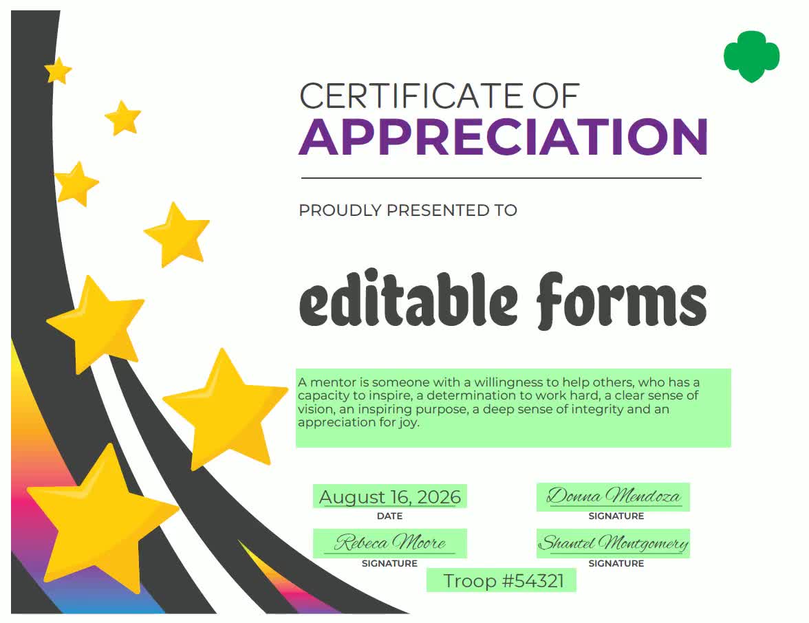 Girl Scout Certificate of Appreciation Printable PDF