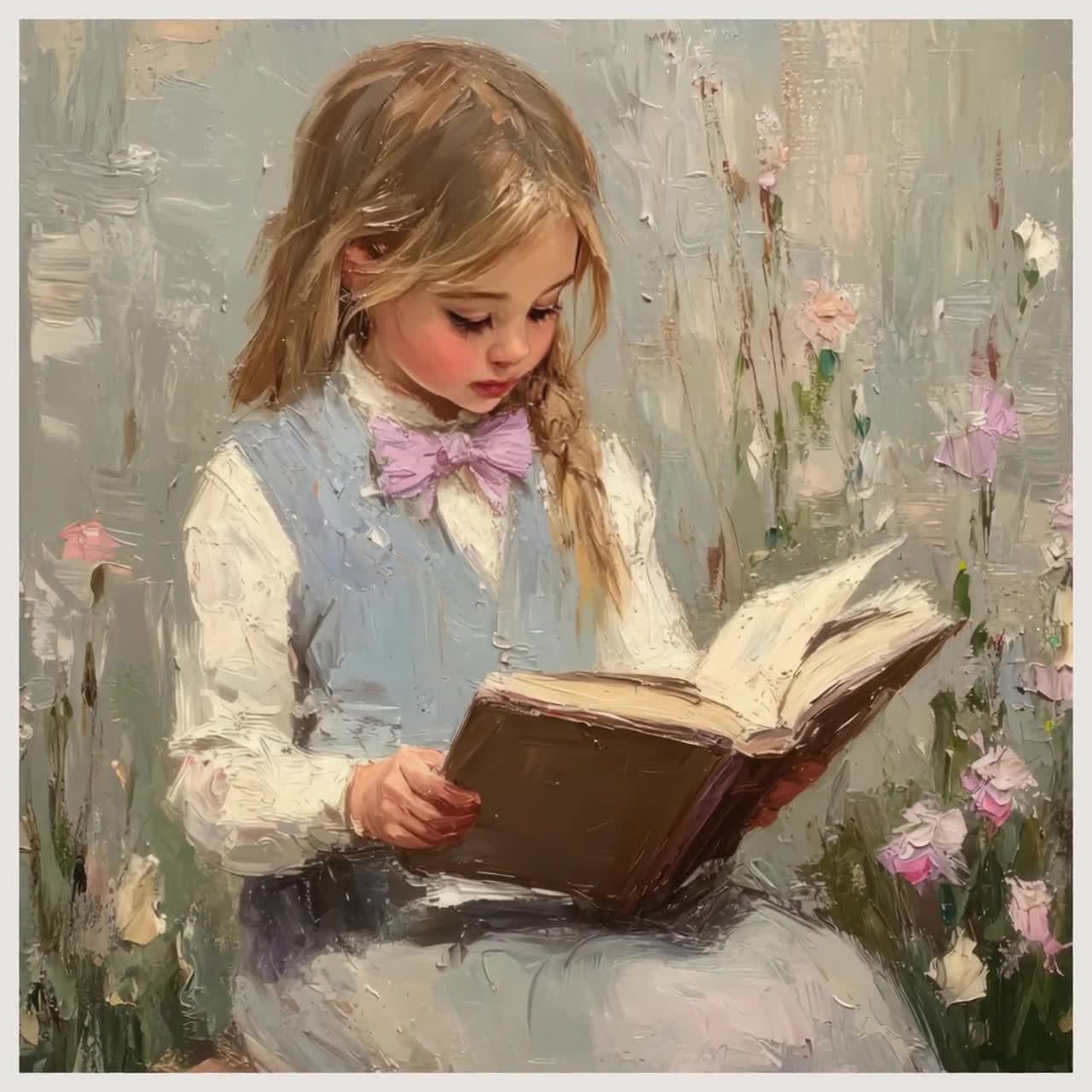 ヴィンテージの読書中の少女の絵画、印刷可能な自然のアートワーク