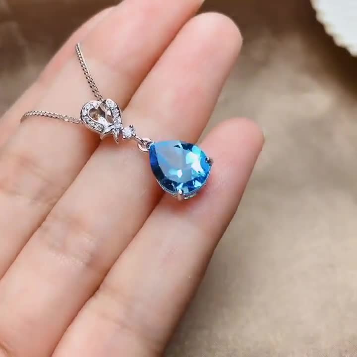 Natural Swiss Blue Topaz Pendant, S925 Sterling Silver, February