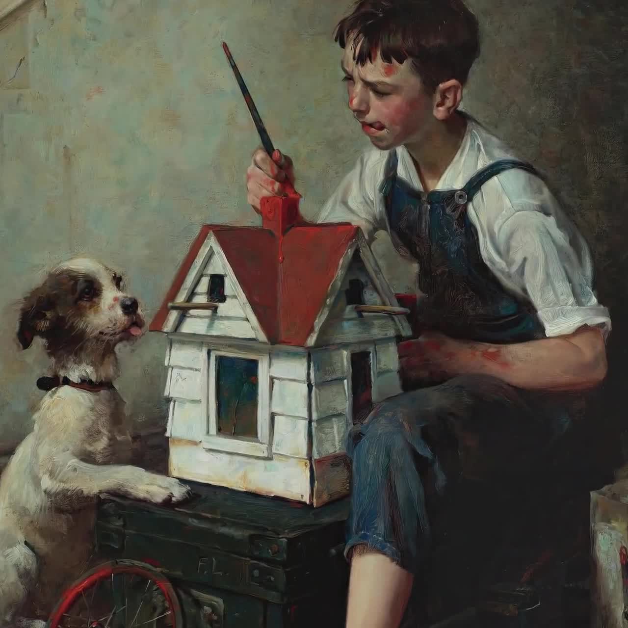 Vintage Norman Rockwell Art Print 1921 | Boy Painting Birdhouse