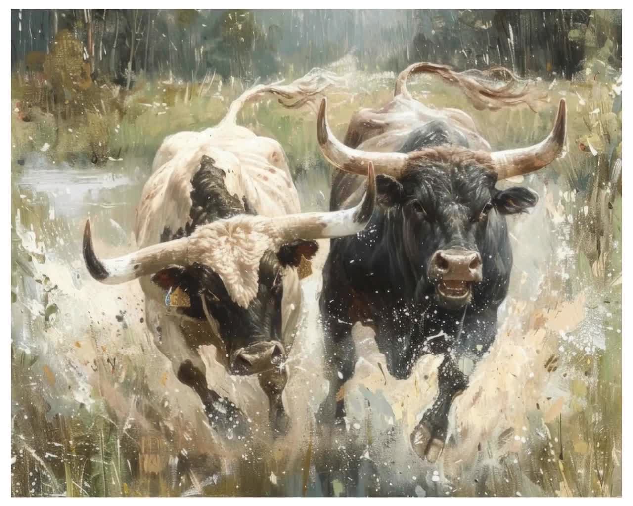 ヴィンテージの怒った雄牛の油絵、印刷可能な走る牛のアート、農家の