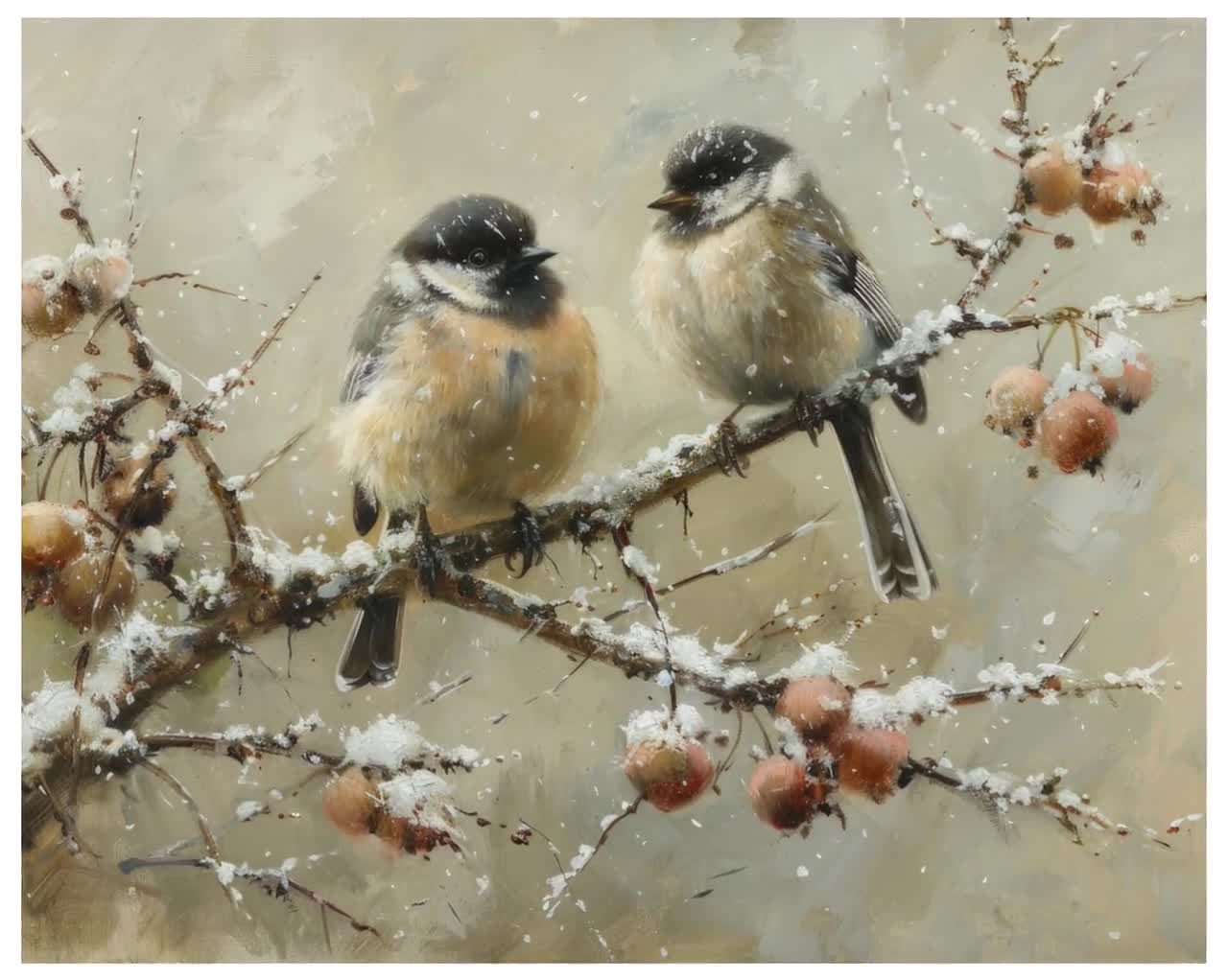 Tit Birds Winter Wall Art, Vintage Winter Painting, Snowy Nature