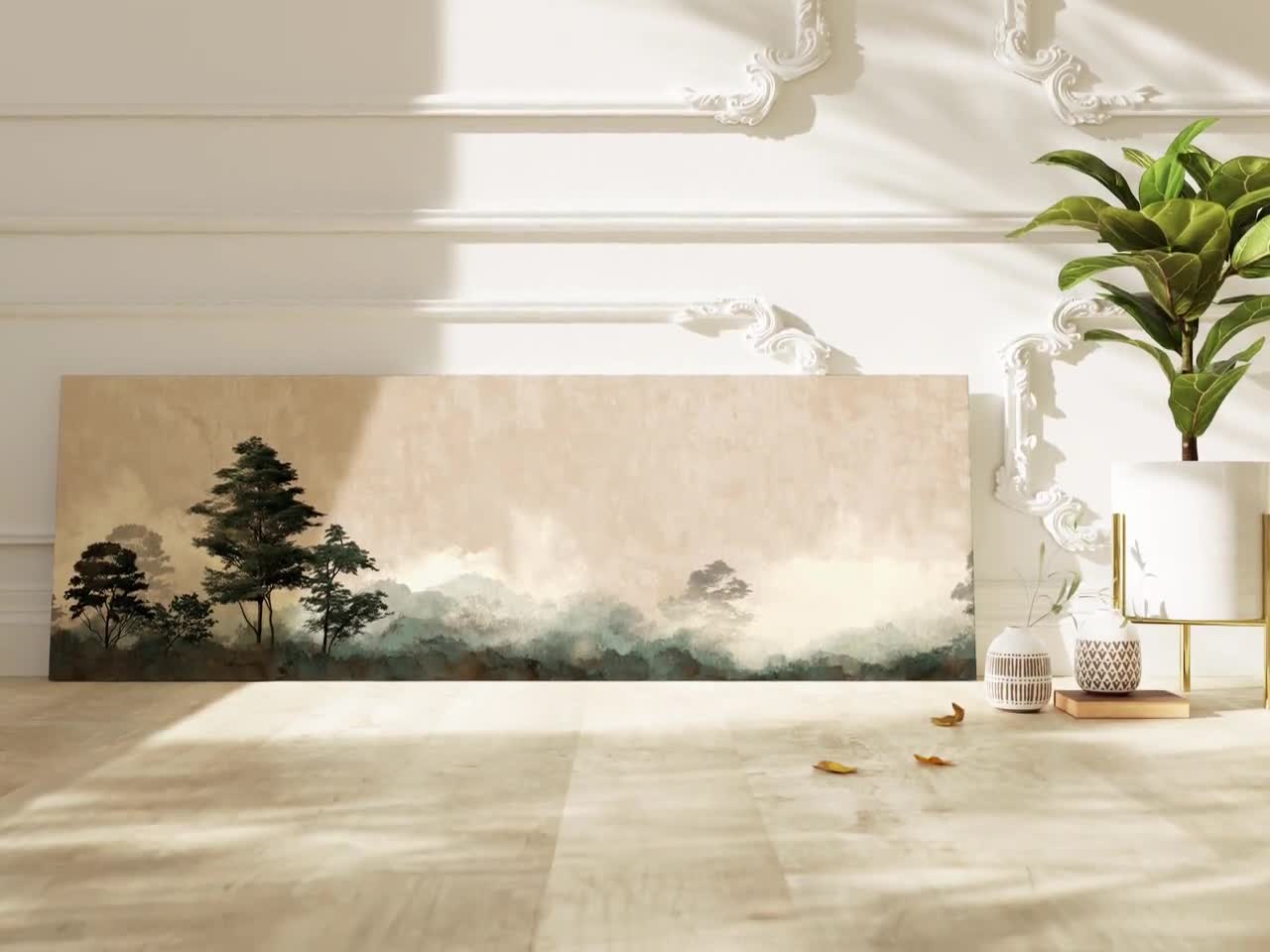 パノラマ日本画、霧深い森の風景、ミニマリスト日本画と禅の水墨画
