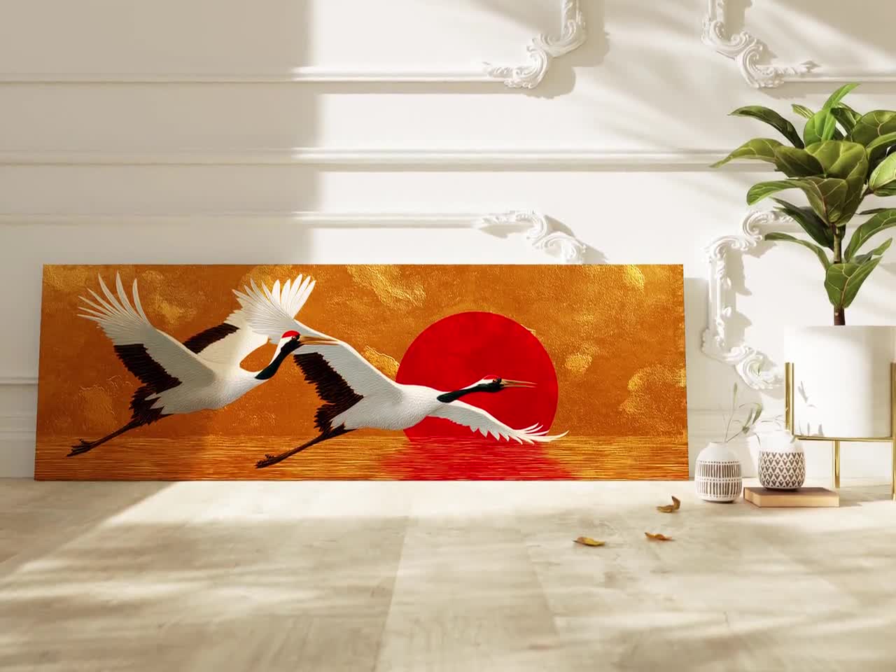 Tableau Japonais Grue Avec Cadre - Peinture Toile Dorée Decoration Murale 120x80cm
