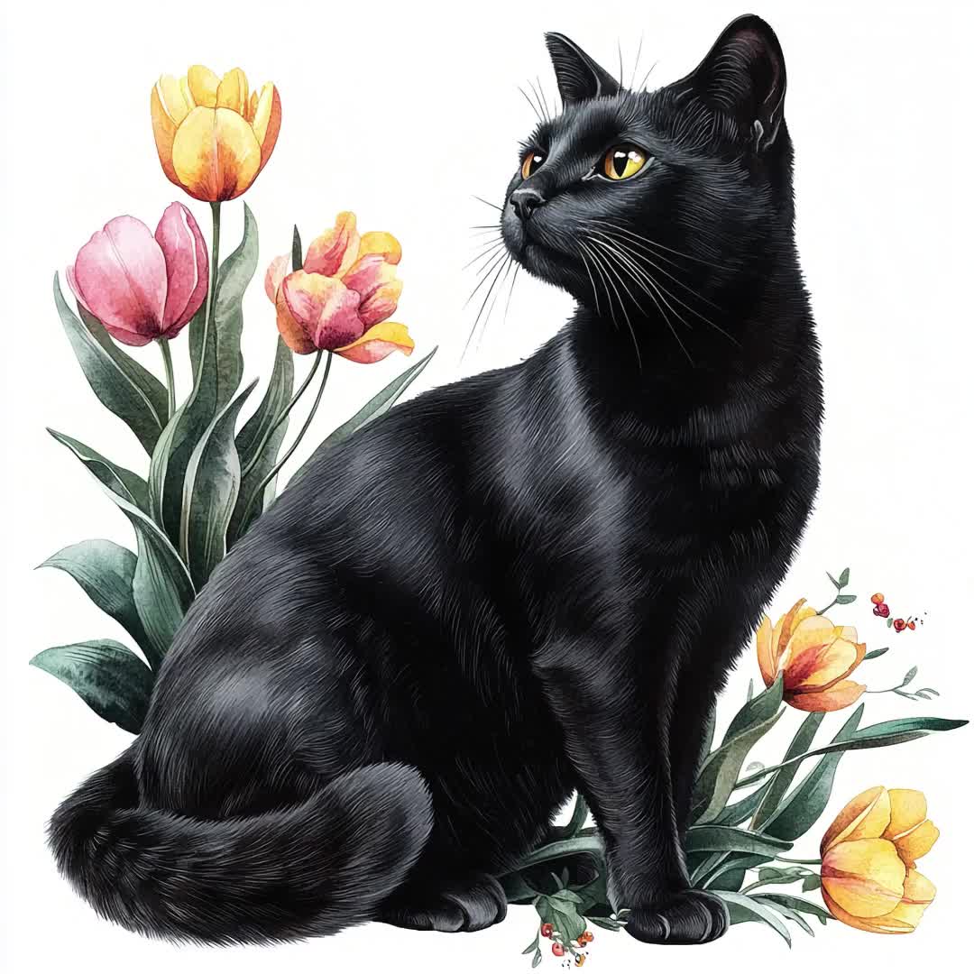 JPEG Watercolor Floral Black Cat Clipart Bundle Black Cat