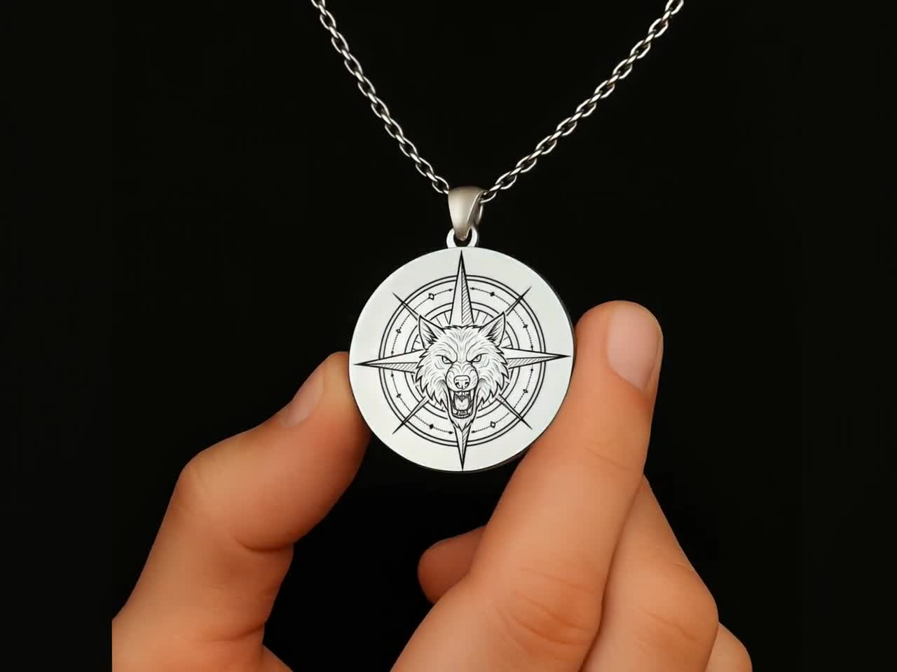 Engraved Compass and Wolf Necklace, Personalized Travel Gift, Mens