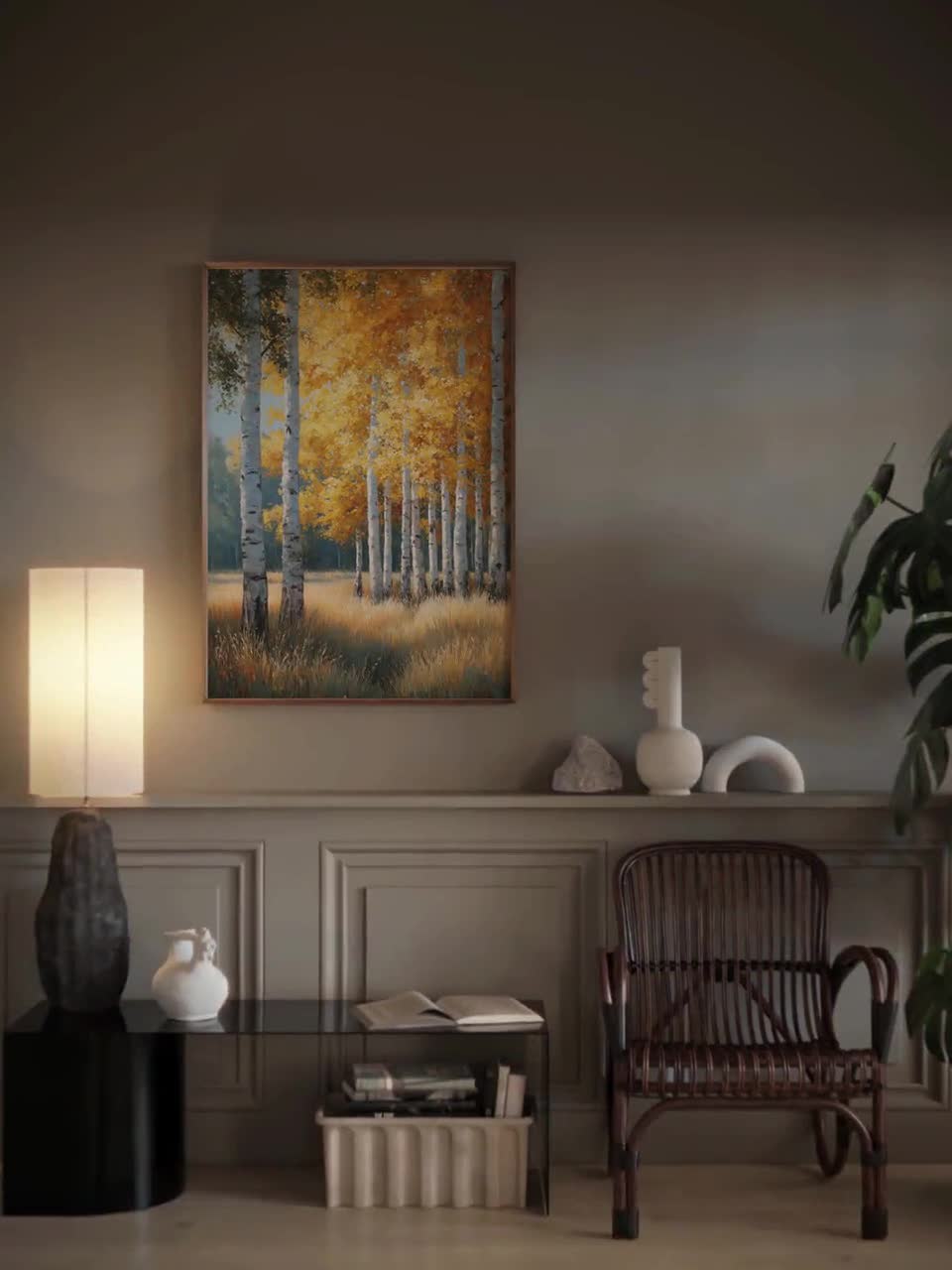 ヴィンテージの白樺の森の秋のデジタルウォールアートデコレーション
