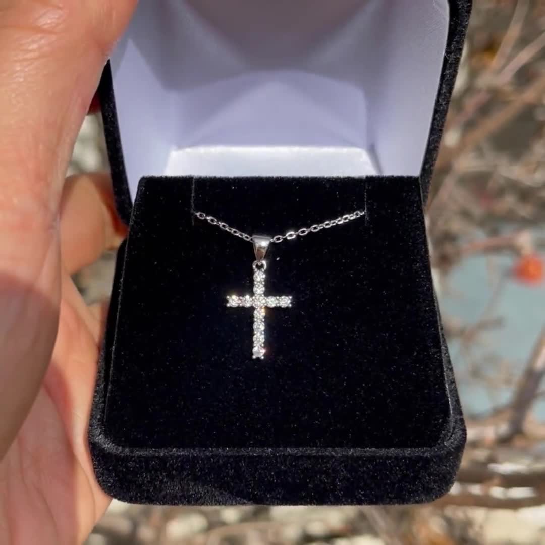 1/3 CTW Small Cross Necklace, 11 Stone Cross Pendant, Round Man Made Diamond Simulants, Dainty Minimalist Stacking Necklace, Sterling Silver