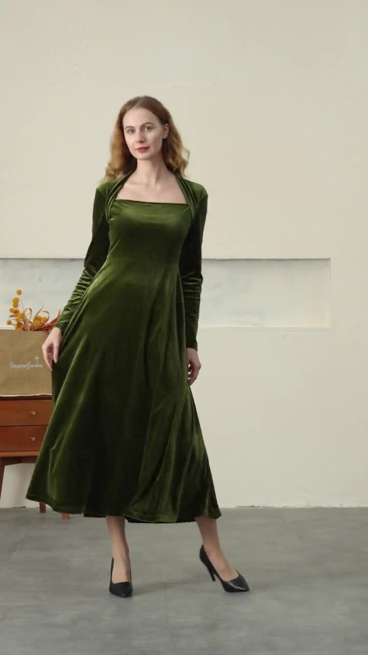 women velvet long dress, long sleeves dress, vintage midi dress, wedding  dress, party dress, green velvet dress, plus size clothing R65