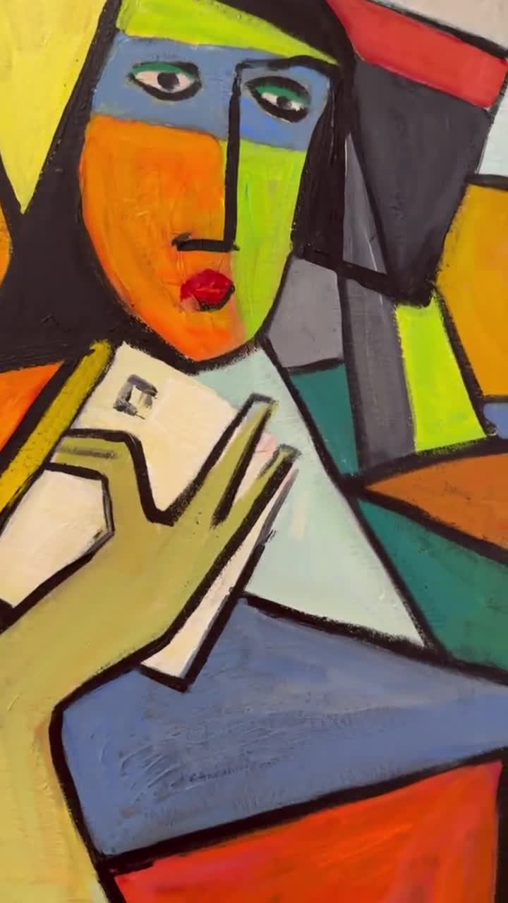 キュビズム絵画「二人の女性」 - カラフルな抽象画ピカソ風キャンバス