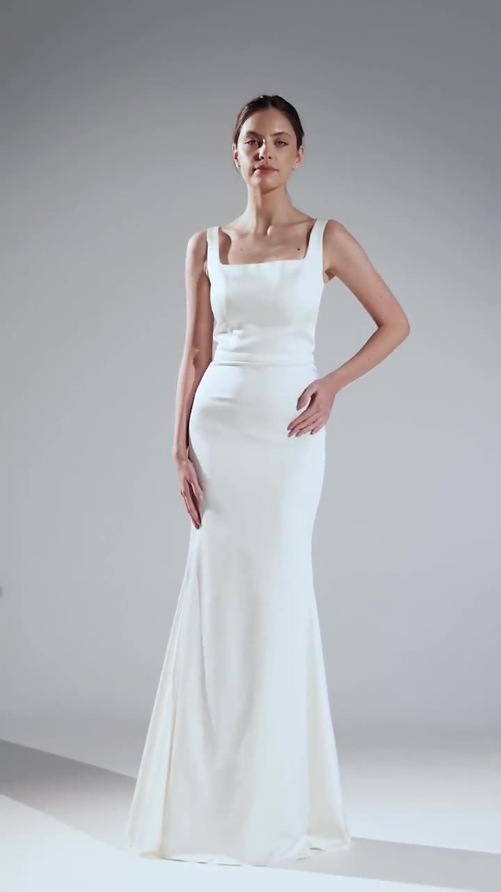 Satin Fit & Flare Wedding Dress Claudia: Square Neckline Reception Gown Satin Fit & Flare Wedding Dress Claudia: Square Neckline Reception Gown
