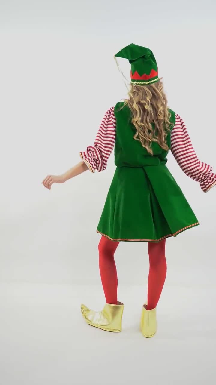 Womens Christmas Elf Dress: Handmade Green Velvet Costume with Vest &  Skirt for Ladies