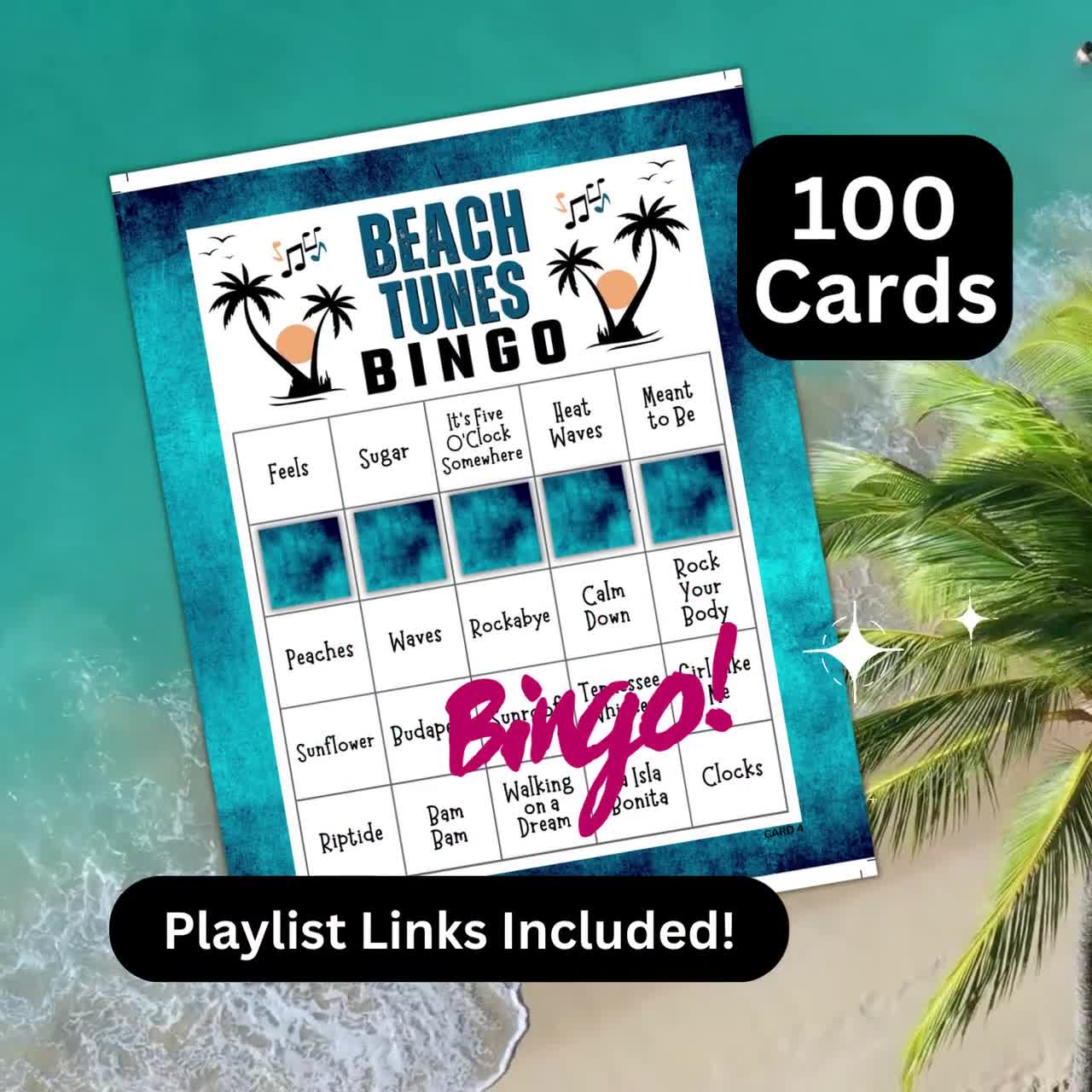Beach Songs Bingo Game 100 Cards, Vacation Tunes Activity, Summer Themed Music, College Reunion Party Night, Family Birthday Gathering Game video poster