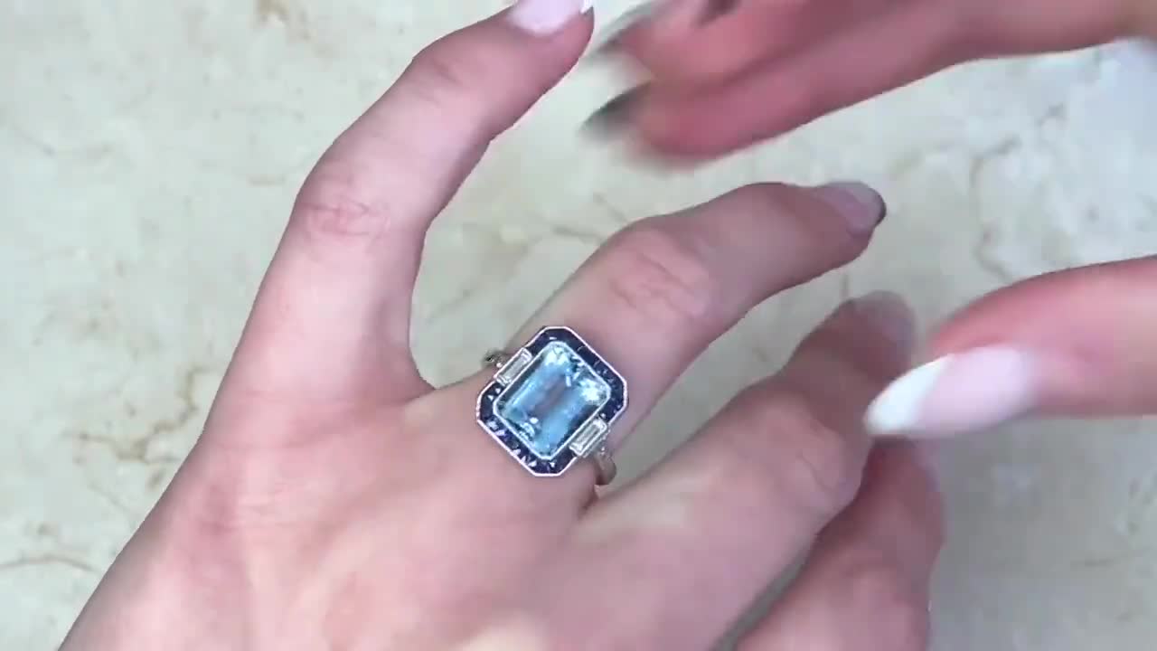 Emerald-Cut Aquamarine and Diamond Ring with Halo Sapphire Accent. Platinum  Ring.