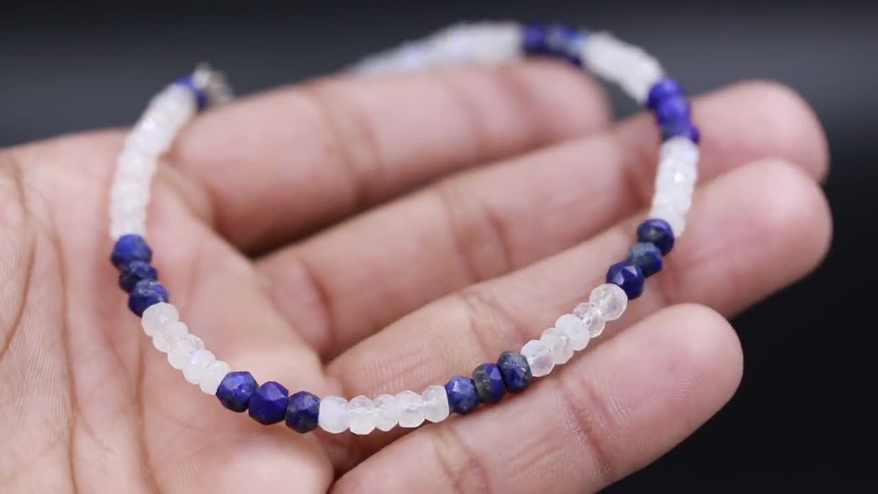 Lapis Lazuli & Rainbow Moonstone Bracelet: Faceted Rondelle Beads