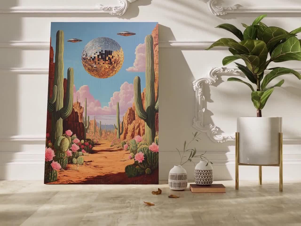 Surreal Desert Disco Art, Cactus and UFO Canvas Print, Retro