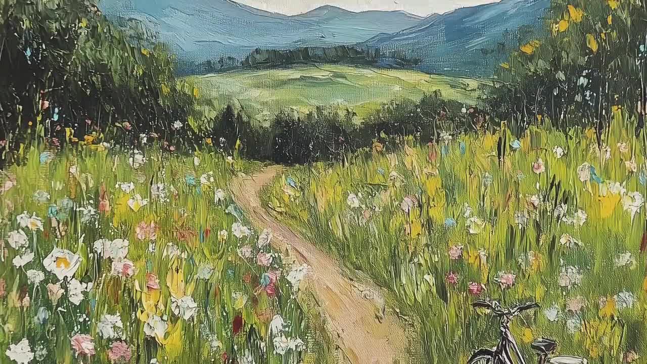 野花畑の風景画アートプリント：素朴な田舎道（デジタルダウンロード