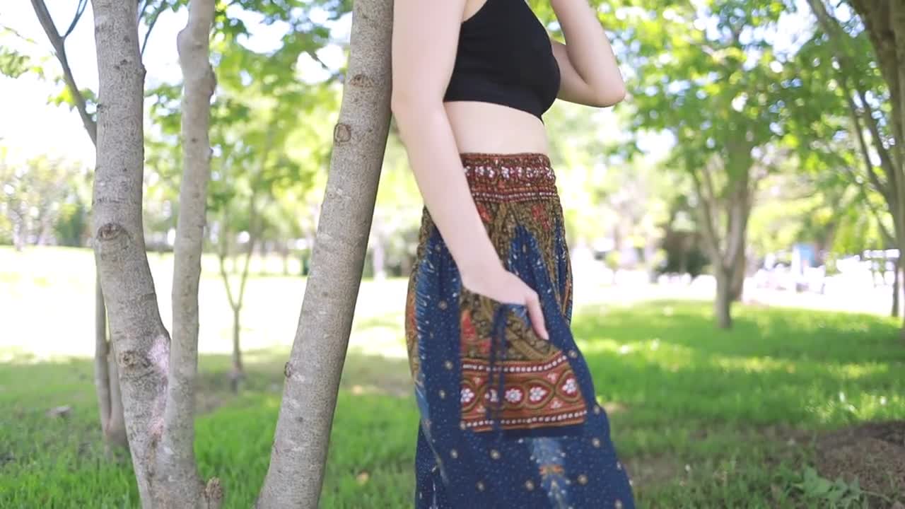 Lannaclothesdesign Pantaloni Donna Harem Bohémien - Stampa Pavone Blu, Vita Elastica, Tasche