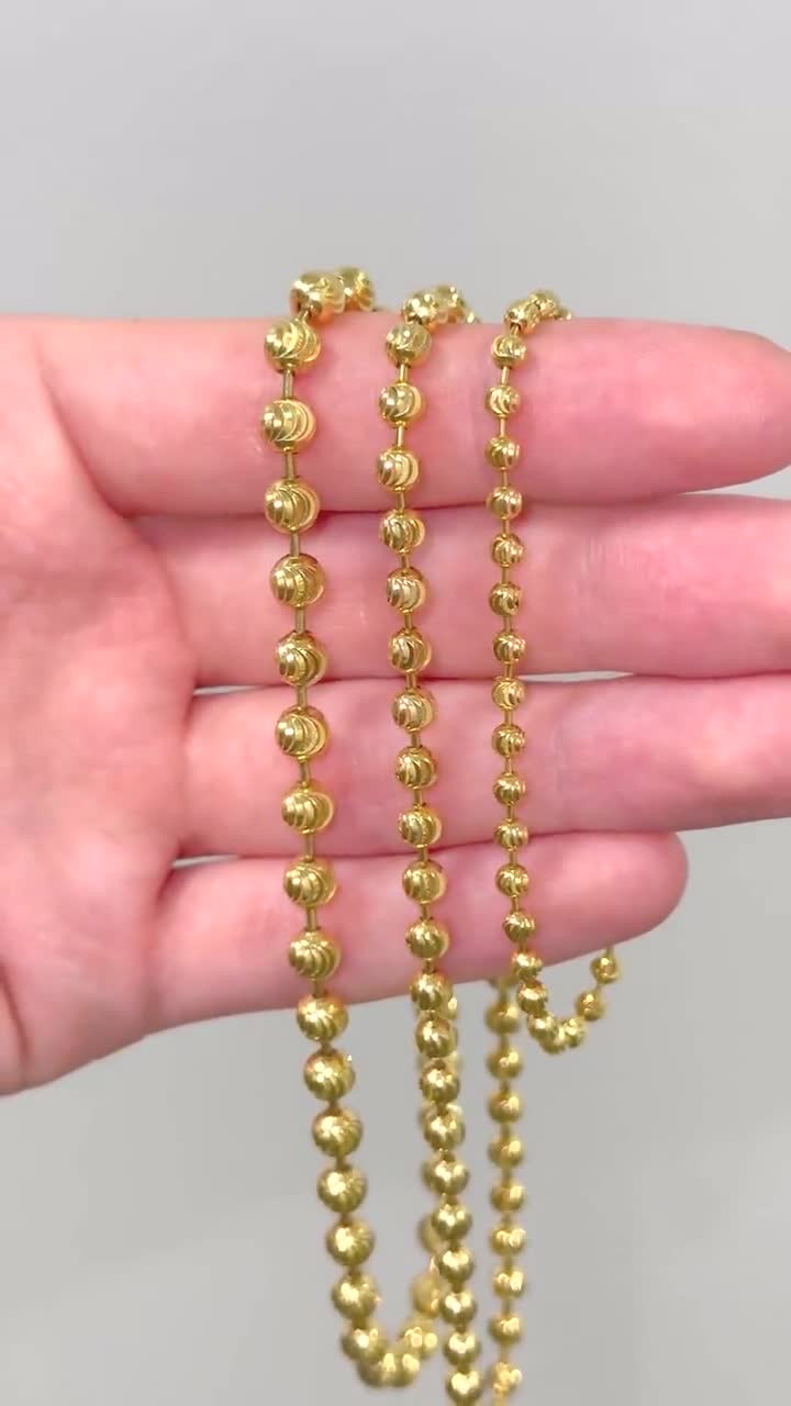 2.5mm-4mm Men's Real Solid 14k Yellow Gold Moon Cut Beaded Ball Chain  Necklace