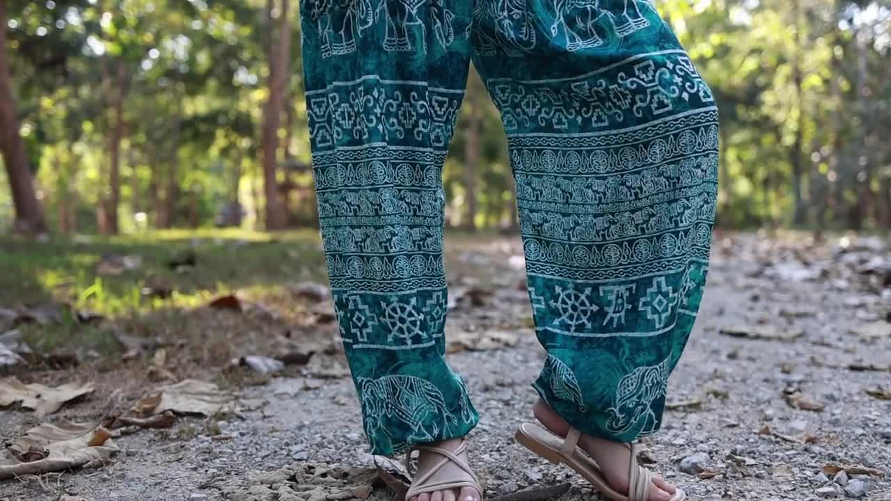 Teal Elephant Print Harem Pants: Boho High Waist Rayon Yoga Lounge