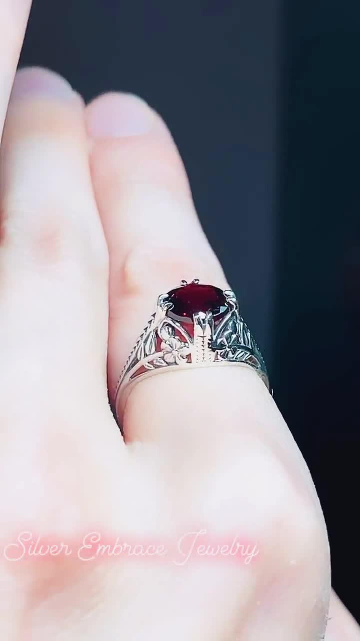 【SALE 】 925シルバーリング ( RED GARNET ) Red Garnet Gemstone 925 Sterling Silver Artistic Jewelry