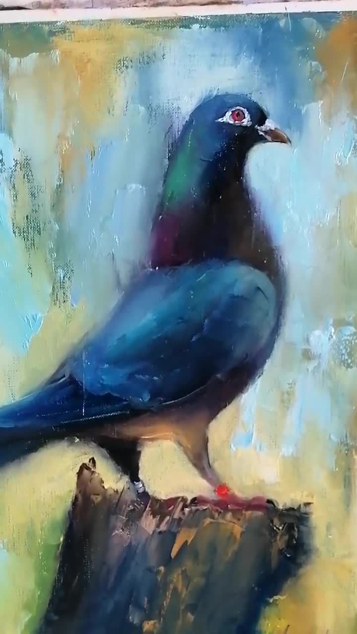 Colombe bleue de pigeon sur la peinture à lhuile de perche