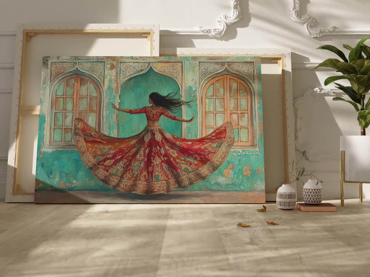 Indian Dancer Wall Art, Vibrant Lehenga Painting, Cultural Dance