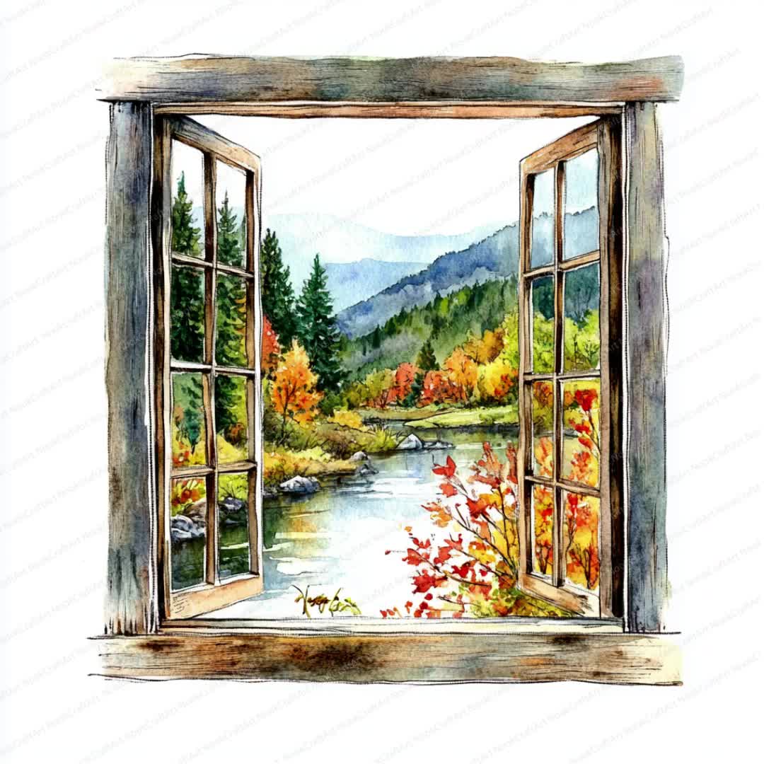 15 窓の秋の景色のクリップアート | 窓枠の秋 | 印刷可能な水彩画の