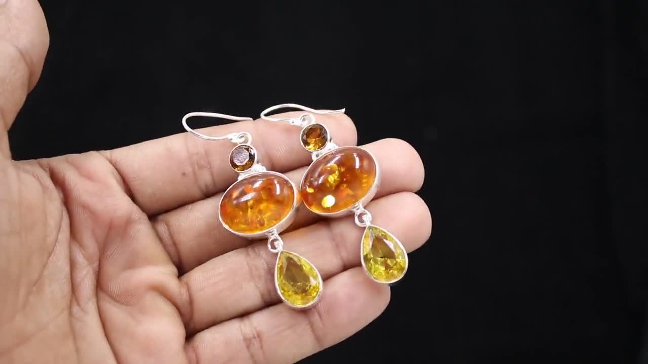 Boucles D'oreilles Femme Ambre Baltique Butterscotch - Argent Sterling - Neuf