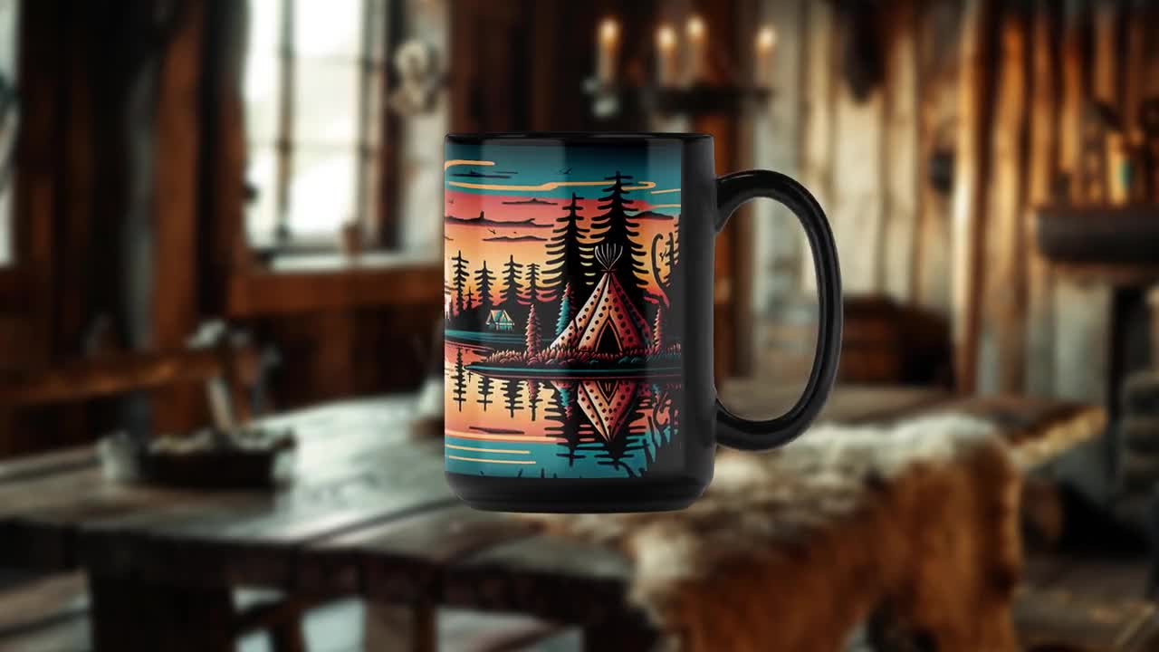 Native American Coffee Mug, 15oz, Indian Coffee Mug, Teepee Coffee Mug,  Black Coffee Cup, Aesthetic Tea Cup, Custom Coffee Mug