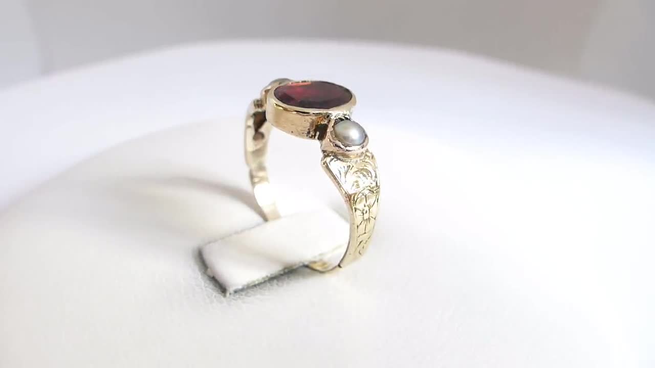 Antique 9ct Gold Garnet and Pearl Ring 19th Century Size J UK 4.75 US