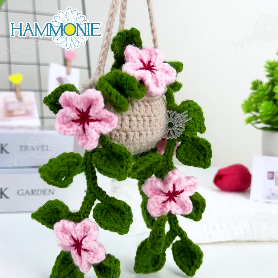 Crochet Cherry Blossom Plant Pattern: Car Hanging Flower Basket